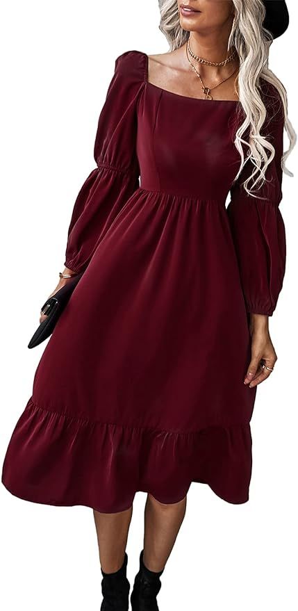 SHIBEVER Womens Dress Long Lantern Sleeve Formal Square Neck Flowy Casual Ruffle Ruched Loose Wed... | Amazon (US)