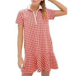 LTSCNRM Women's Gingham Polo Dress Short Sleeve V Neck Ruffle Hem Mini Dres… | Amazon (US)