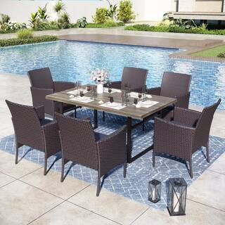 Black 7-Piece Metal Patio Outdoor Dining Set with U Shaped Rectangle Table and Rattan Chairs with Blue Cushion | The Home Depot