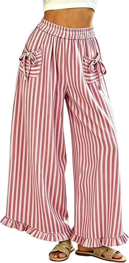 Himosyber Women's Striped Wide Leg Ruffle Hem Palazzo Pants | Amazon (US)