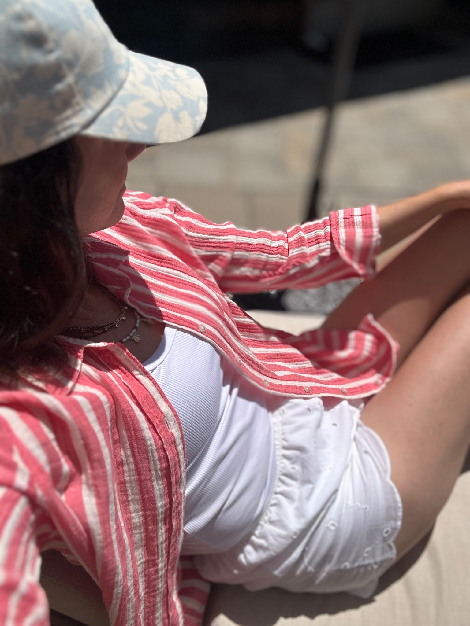 Summer outfit vibes. Medium in the tank. Small in the striped relaxed fit over shirt and eyelet white shorts. The floral baseball cap is a new favorite and totally trending for the summer.  

#LTKSaleAlert #LTKSummerEdit #LTKFindsUnder50
