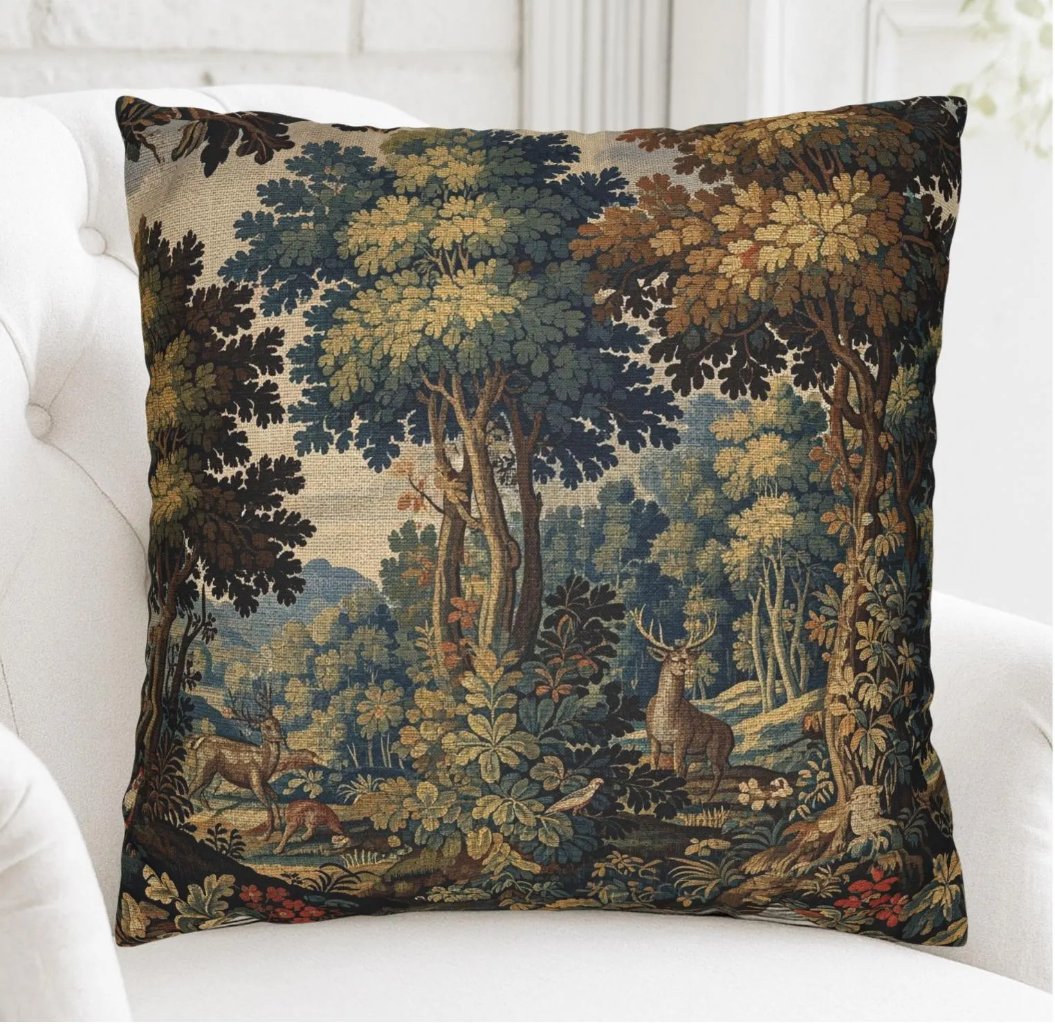 French Verdure Tapestry Pillow Cover, Vintage Aubusson Forest Cushion | Etsy (Global)