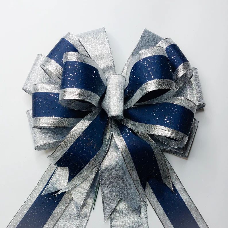 Metallic Silver and Navy Blue Christmas Bow - Etsy | Etsy (US)