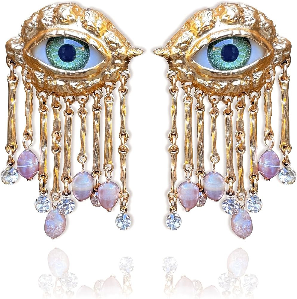 Premium Quality 18K Gold Plated Evil Eye Earrings for Women, Real Freshwater Pearls, Chunky Gold ... | Amazon (US)