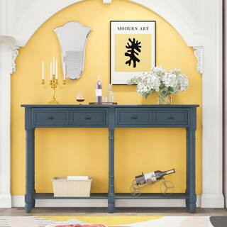 58 in. Antique Navy Rectangle Wood Long Console Table Sofa Table with 2-Drawers and Bottom Shelf for Living Room | The Home Depot