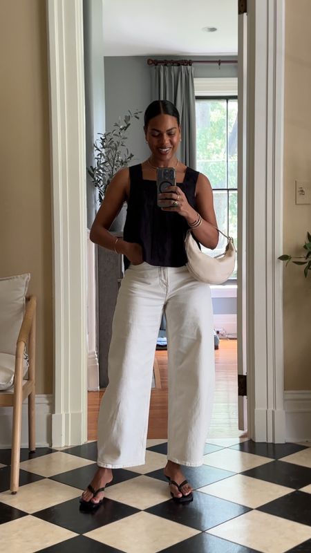 Perfect Summer Bloat Outfit - go flowy all over. One thing I love about barrel jeans is they are extremely comfortable like pajamas! Always size up in barrel jeans. Paired with a linen top and a low kitten heel. Feel comfortable & look polished while bloated!  

#LTKOver40 #LTKStyleTip