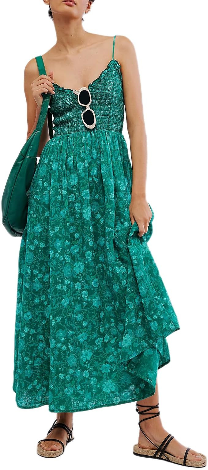 Argeousgor Women Boho Sleeveless Floral Dress V Neck Spaghetti Strap Cami Maxi Dress Bohemian Bea... | Amazon (US)