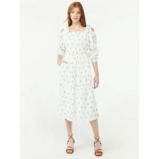 Free Assembly Women's Off the Shoulder Midi Dress with Tie Straps | Walmart (US)