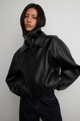 VEGAN LEATHER DOUBLE COLLAR BIKER JACKET Greige / Double Extra Small | OAK + FORT