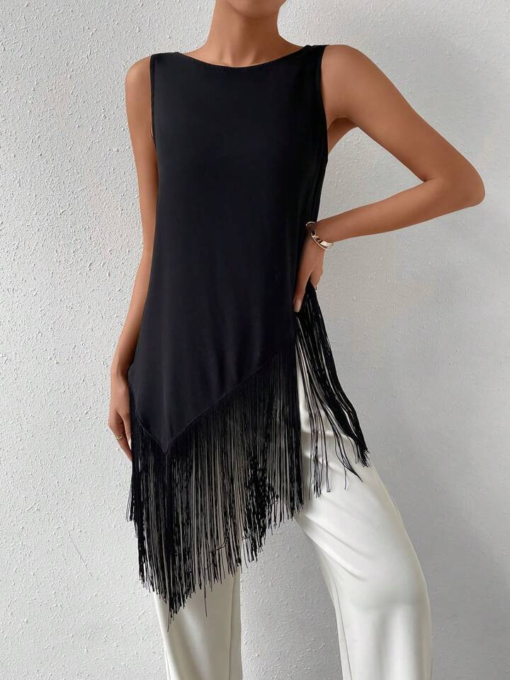 Calvaya Fringe Asymmetrical Hem Tank,Sleeveless Tops | SHEIN