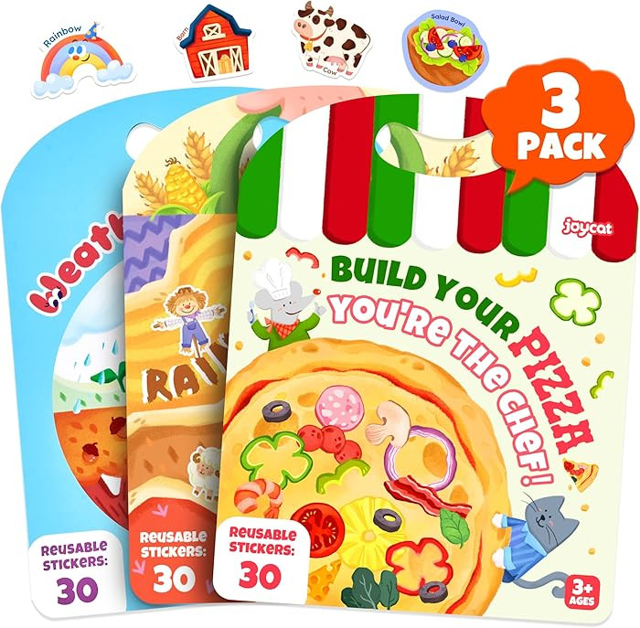 JoyCat Reusable Sticker Book Set (3-Pack): Farm, Pizza-Making, Weather - 90 Pcs Stickers for Todd... | Amazon (US)