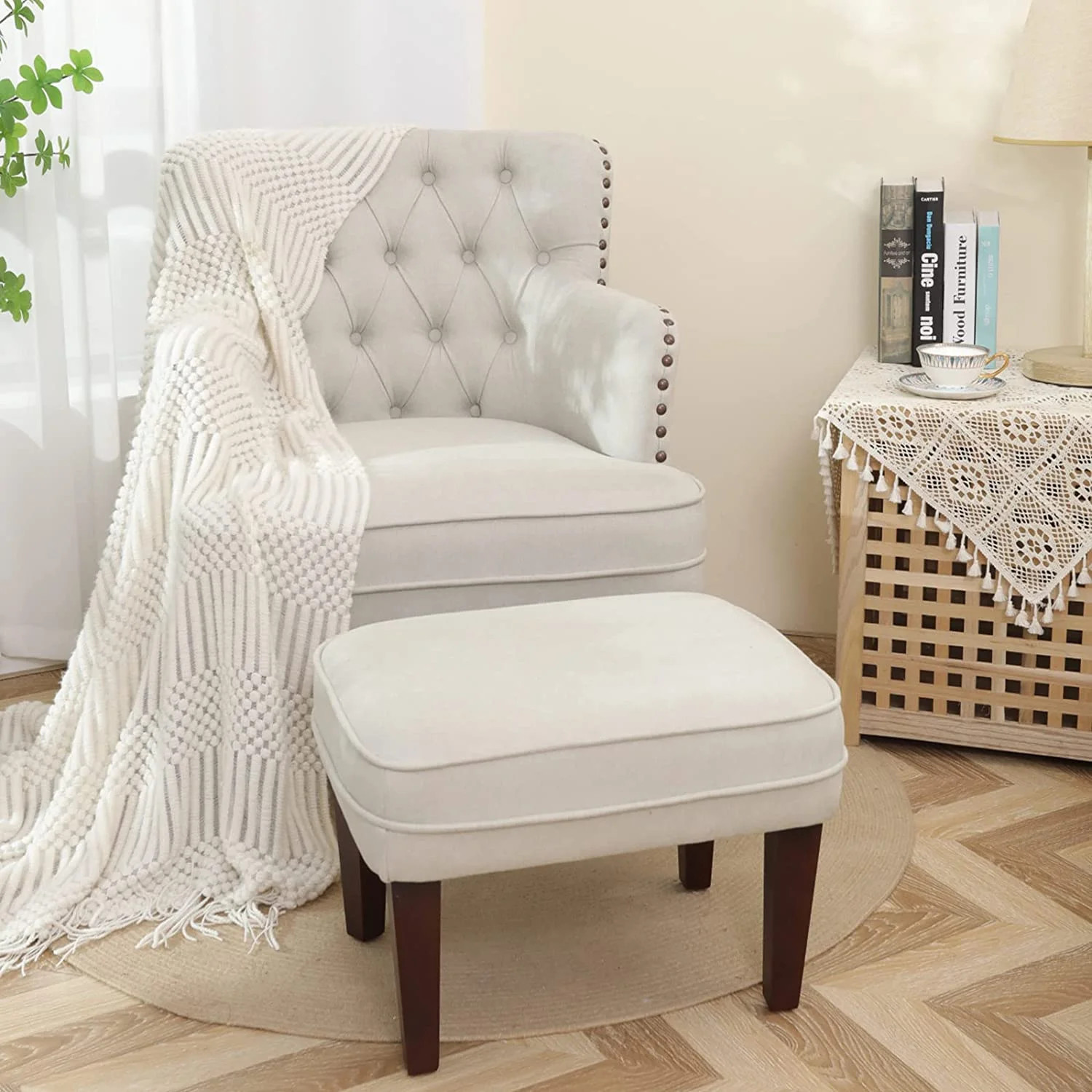 Accent Chair with Ottoman, Button Tufted Armchair for Bedroom Living Room(Beige) | Walmart (US)