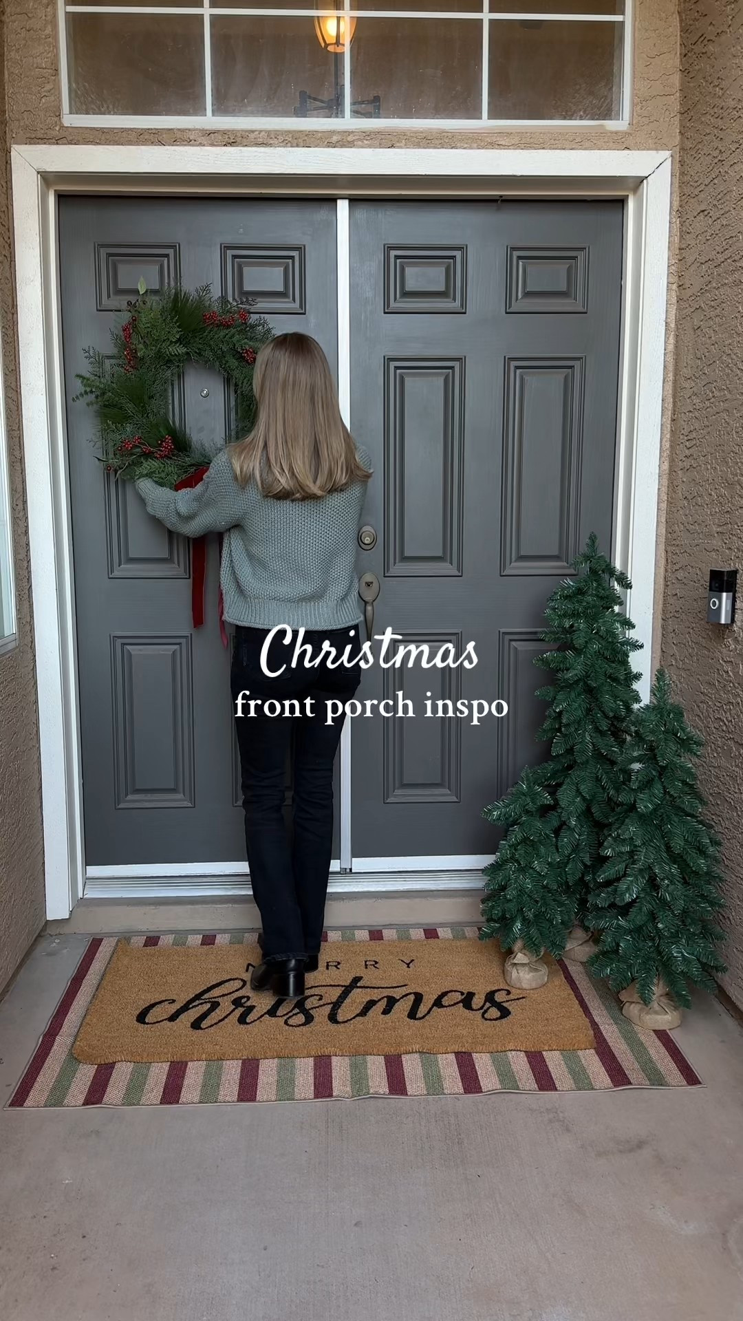 A minimal yet elegant Christmas front porch! 🎄 I love the classic reds and greens for Christmas so this layered doormat and wreath tie everything together perfectly 😍
I’m thinking about adding some red bows to the trees too 
••
Christmas front porch, holiday front porch, Christmas front door, Christmas wreath, holiday porch, decorating my front porch, Christmas decor, classic Christmas, outdoor Christmas trees, Christmas door mat, merry Christmas 

#LTKCyberWeek #LTKHome #LTKHoliday