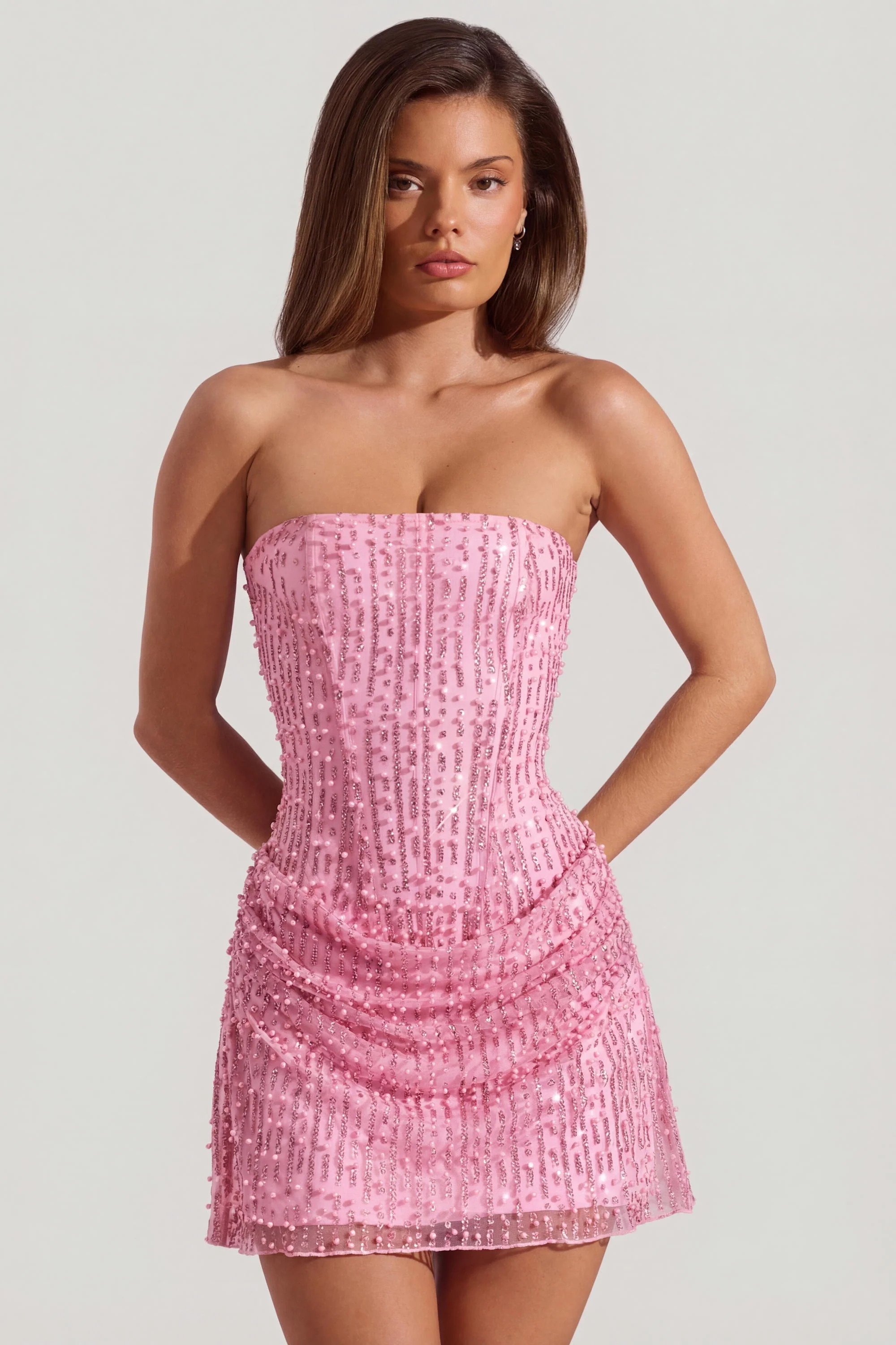 Embellished Draped Strapless A-Line Mini Dress in Pink | Oh Polly