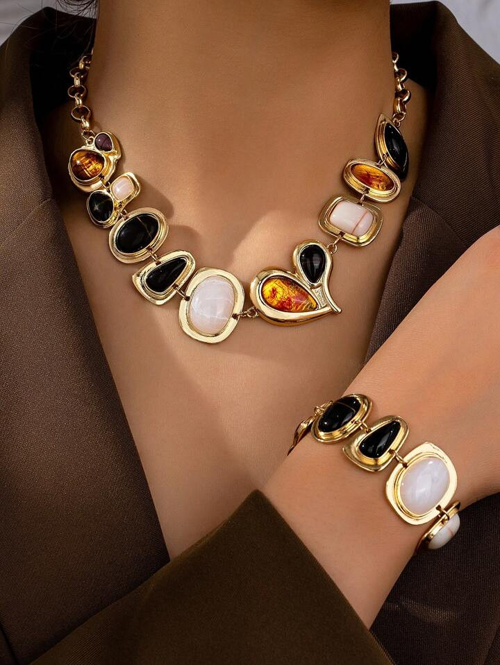 1 Set Vintage Metal Geometric Multi-Color Asymmetrical Stone Necklace And Bracelet Jewelry Set, Suitable For Women | SHEIN