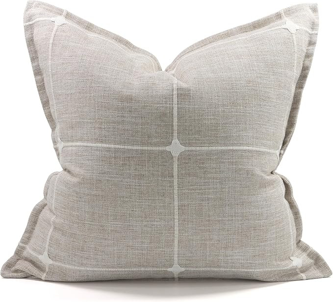 Embroidery Throw Pillow Covers 18x18 Inch, Neutral Farmhouse Faux Linen Decorative Pillow Cover w... | Amazon (US)