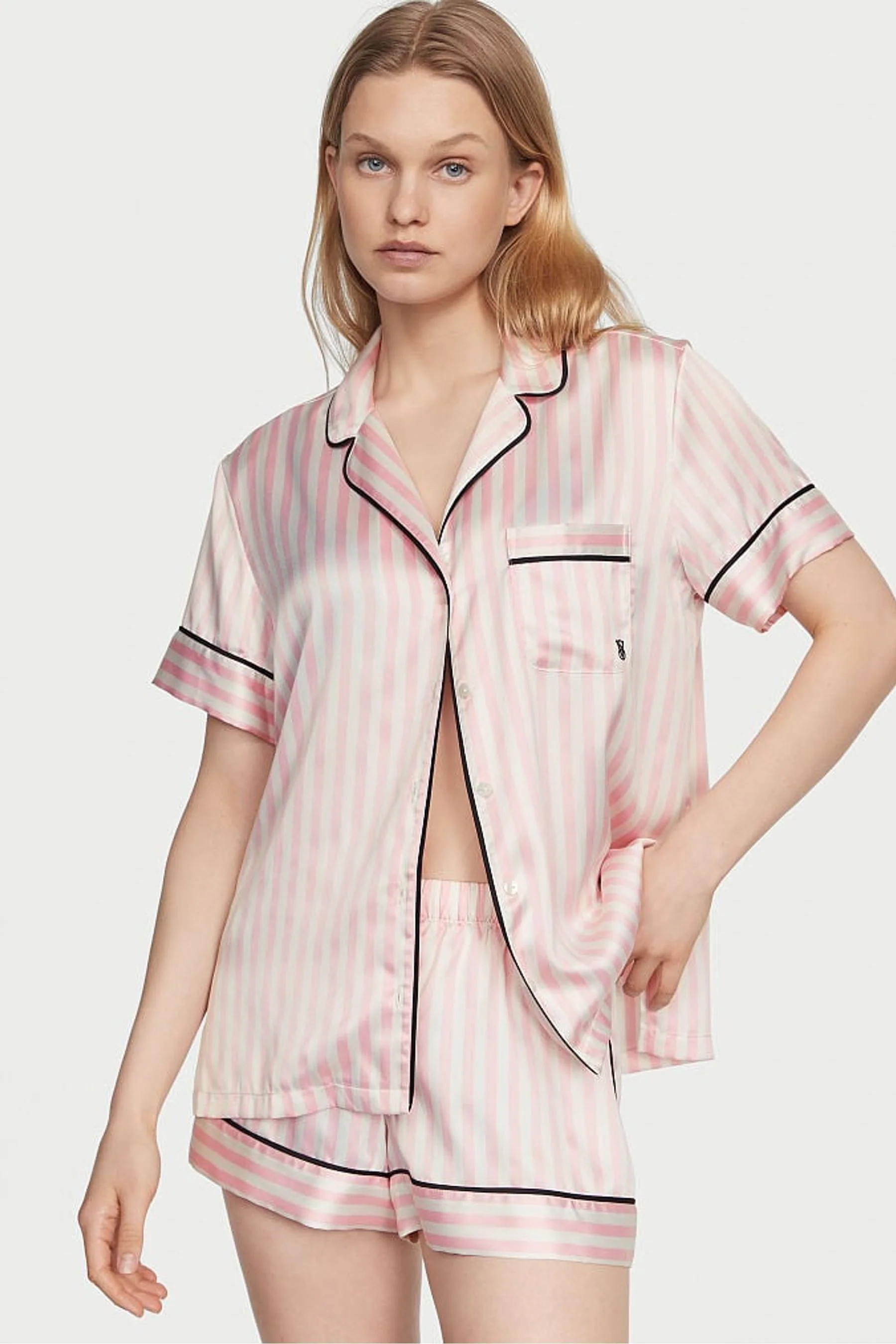 Victoria's Secret Pink Iconic Stripe Satin Short Pyjama Set - pink iconic stripe | Victoria's Secret UK