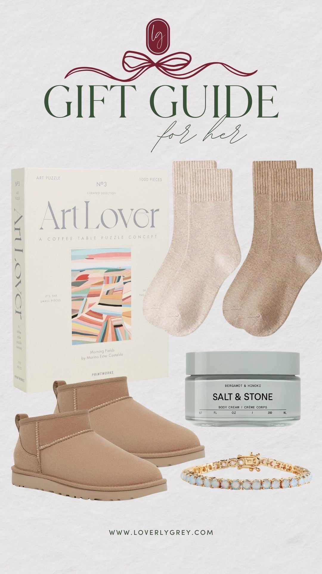 Love all of these gifts together for a gift bundle for her! I have several of these and love them!

Loverly Grey, gift ideas for her, gift bundle, socks, salt and stone, puzzle, mini ultra Uggs

#LTKGiftGuide #LTKHoliday