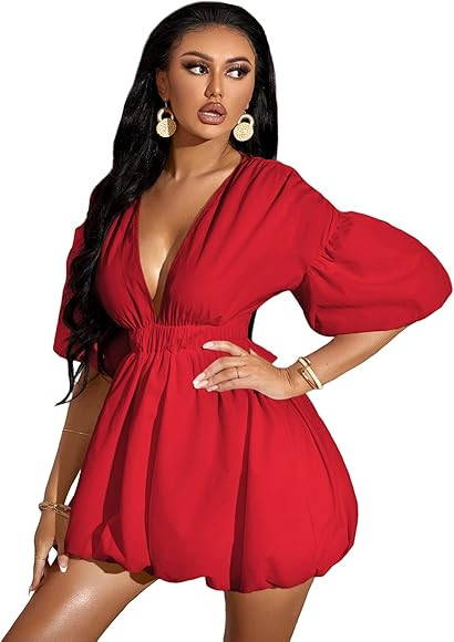 WDIRARA Women's Deep V Neck Puff Sleeve High Rise Flare Dress Elastic Waist Dress | Amazon (US)