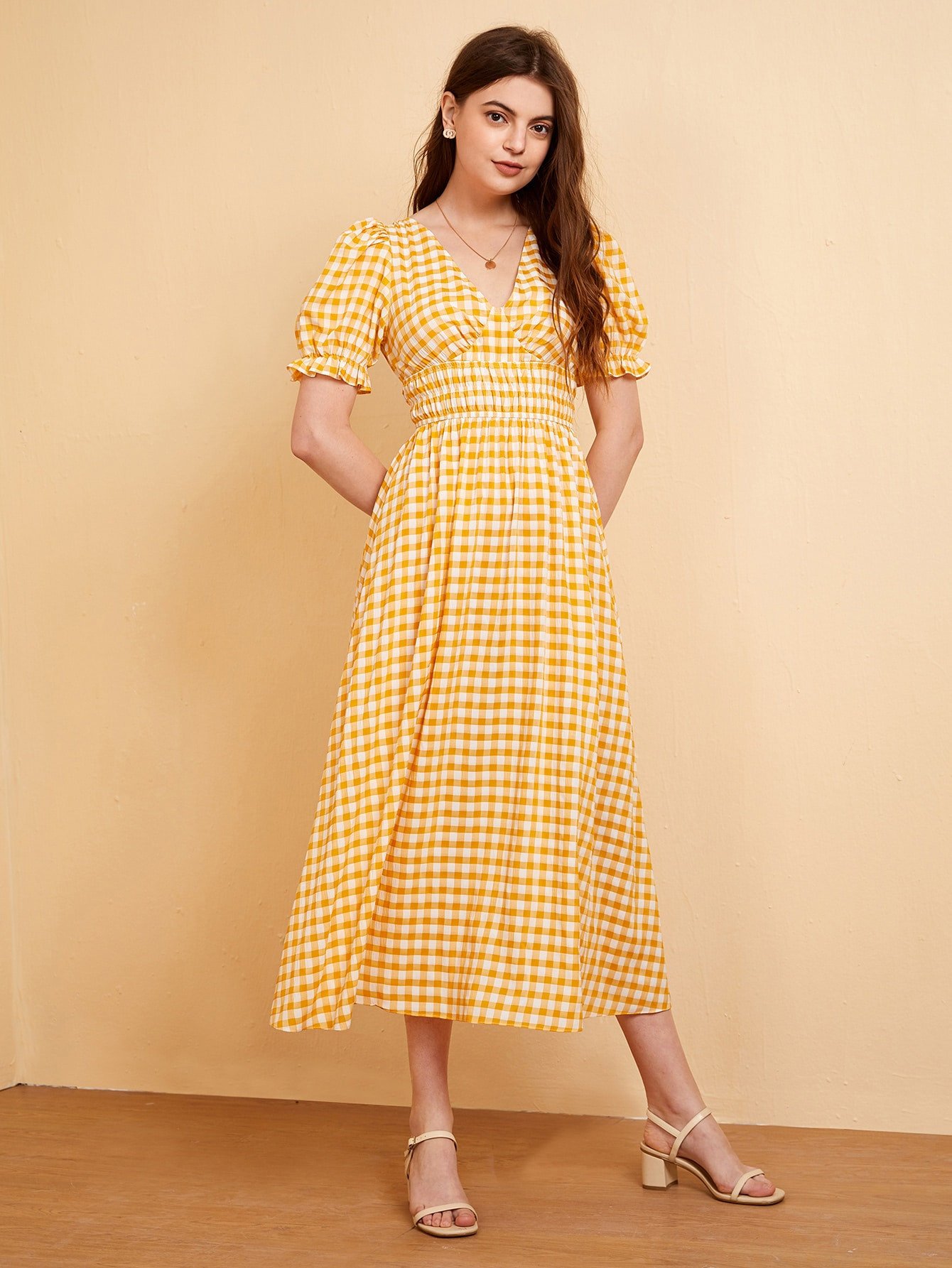 SHEIN Ruched Bust Tied Backless Shirred Waist Gingham Dress | SHEIN