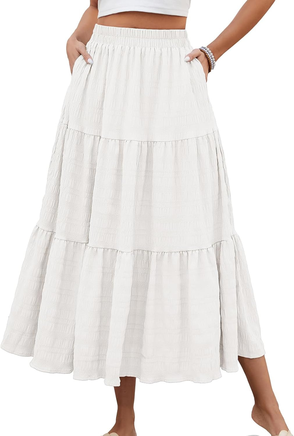 Women's Summer Casual Elegant Smock Layered Tiered Maxi Skirt High Waisted A Line Flowy Long Skirts with Pockets | Amazon (US)