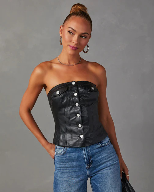 Suzie Faux Leather Button Front Bustier Top - Black | VICI
