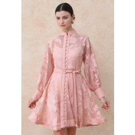 Embroidered Floral Belted Fishnet Midi Dress in Pink | Chicwish