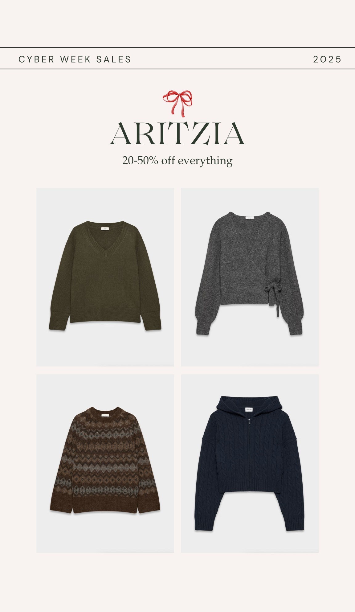 [11/25/25] aritzia 20-50% off! Linking in stock sweaters + cardigans! 

I usually wear xxs or xs (00 or 0)


#LTKSaleAlert #LTKCyberWeek #LTKGiftGuide