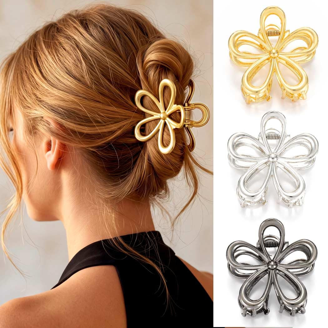 Gold Metal Hair Clips for Women Medium Flower Claw Clips (3 Pack) | Amazon (US)