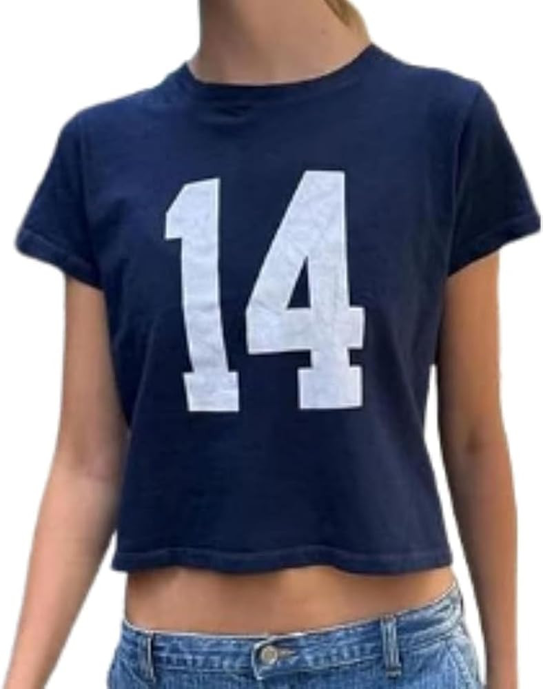 Summer Crop Top Number 14 Fitted Tee Jersey Short Sleeve Y2k Shirt Graphic Baby Tee Women | Amazon (US)