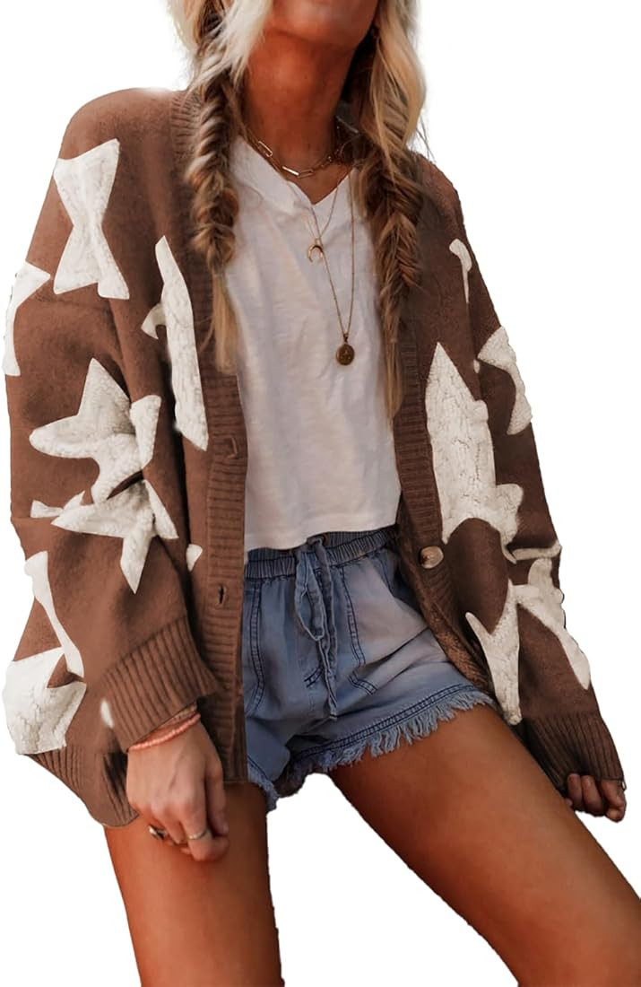 KevaMolly Womens Cardigan Sweater Sherpa Star Pattern Textured Sweater Cardigan with Pockets Casu... | Amazon (US)