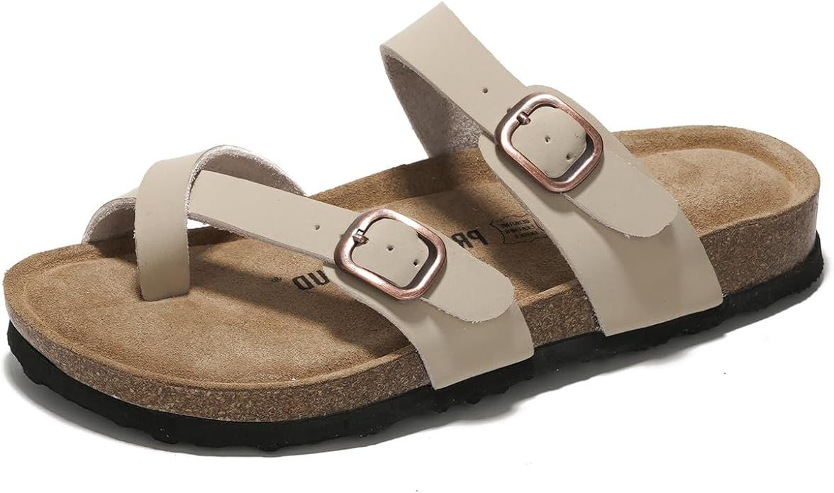 Summer Sandals Women Genuine Leather Slides for women 100% Natural Cork Footbed Womens Slides w/S... | Amazon (US)