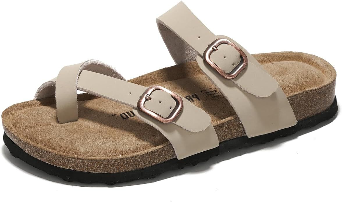 Summer Sandals Women Genuine Leather Slides for women 100% Natural Cork Footbed Womens Slides w/S... | Amazon (US)