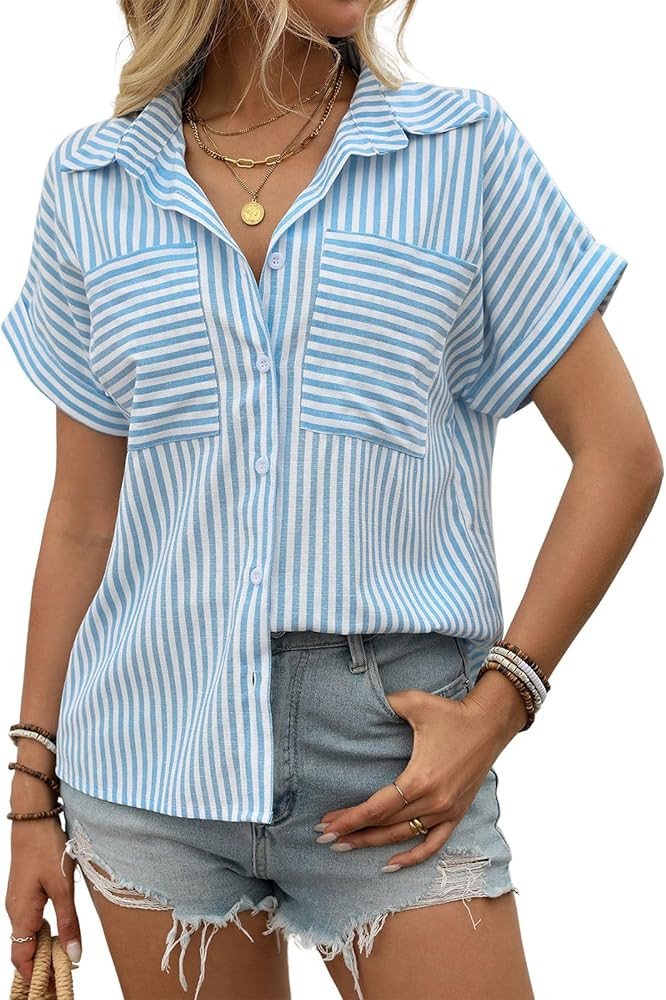 ebossy Women's Short Sleeve Striped Button Down Shirts Casual Loose V Neck Tee Blouse Tops with P... | Amazon (US)