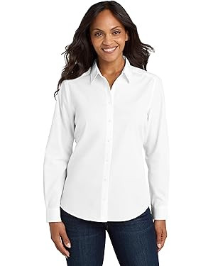 Port Authority Women's Long Sleeve Carefree Poplin Button-Down Shirt | Amazon (US)