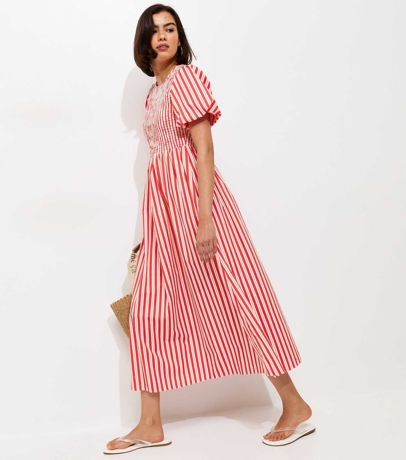 Pink Striped Puff Sleeves Shirred Smock Midi Dress | New Look | New Look (UK)
