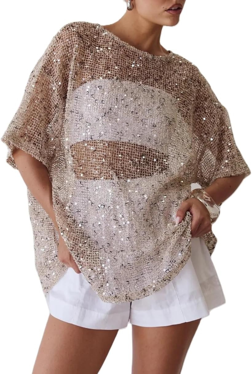 Women Sequin Sheer Short Sleeve Glitter T Shirt Oversized Sparkly Hollow Out Knit Cover Up Beach Y2K Mesh Tee Blouse | Amazon (US)
