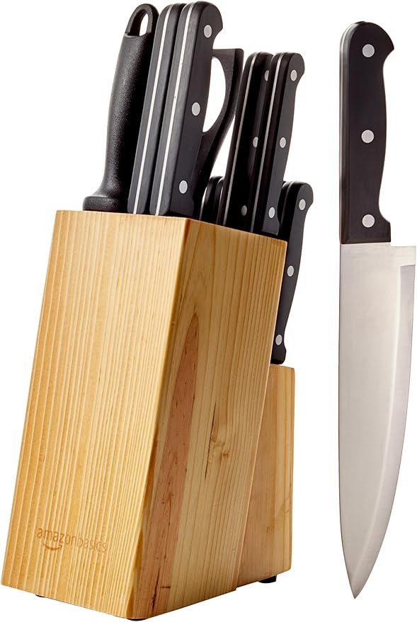 Amazon Basics 14-Piece High Carbon Stainless Steel Kitchen Knife Set with Sharpener and Pinewood ... | Amazon (US)