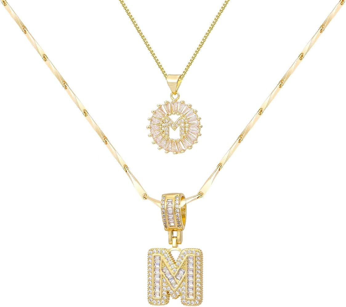 Gold/Silver Initial Necklaces for Women,14K Gold Plated Layered Name Pendant 2PCS Set for Couple ... | Amazon (US)