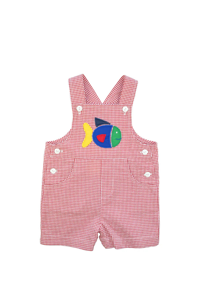 Red Check Seersucker Shortall with Fish | Florence Eiseman