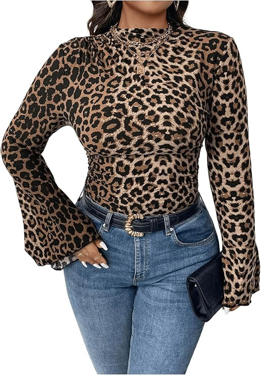 MakeMeChic Women's Plus Size Leopard Print Tees Mock Neck T Shirt Bell Sleeve Slim Fitted Club Te... | Amazon (US)