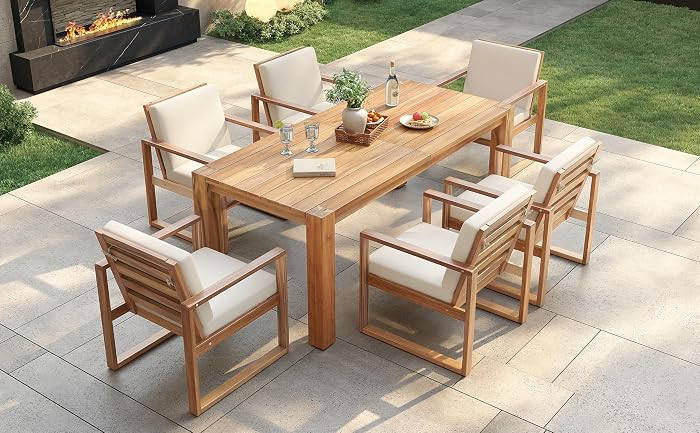 Merax Patio Table and Chairs Set, Outdoor Dining Set for 6 with Umbrella Hole, 7 Piece Outdoor Pa... | Amazon (US)