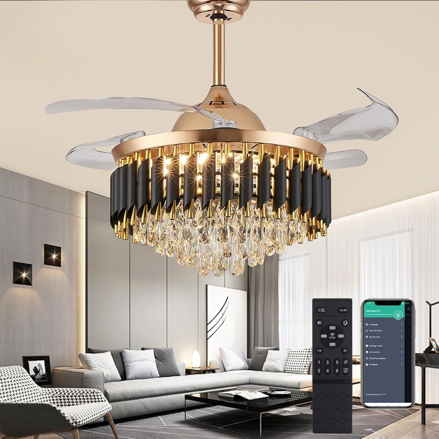 36" Fandelier Ceiling Fan with Light,Gold Chandelier Fan | Amazon (US)