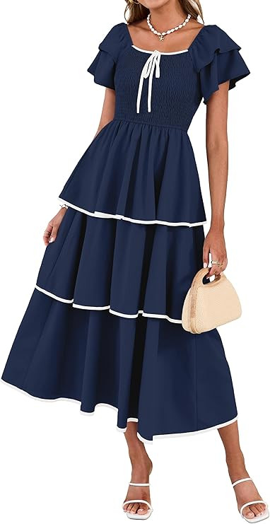 BerryGo Womens Summer Flowy Wedding Guest Long Dress Smocked Tiered Boho Casual Short Sleeve Squa... | Amazon (US)
