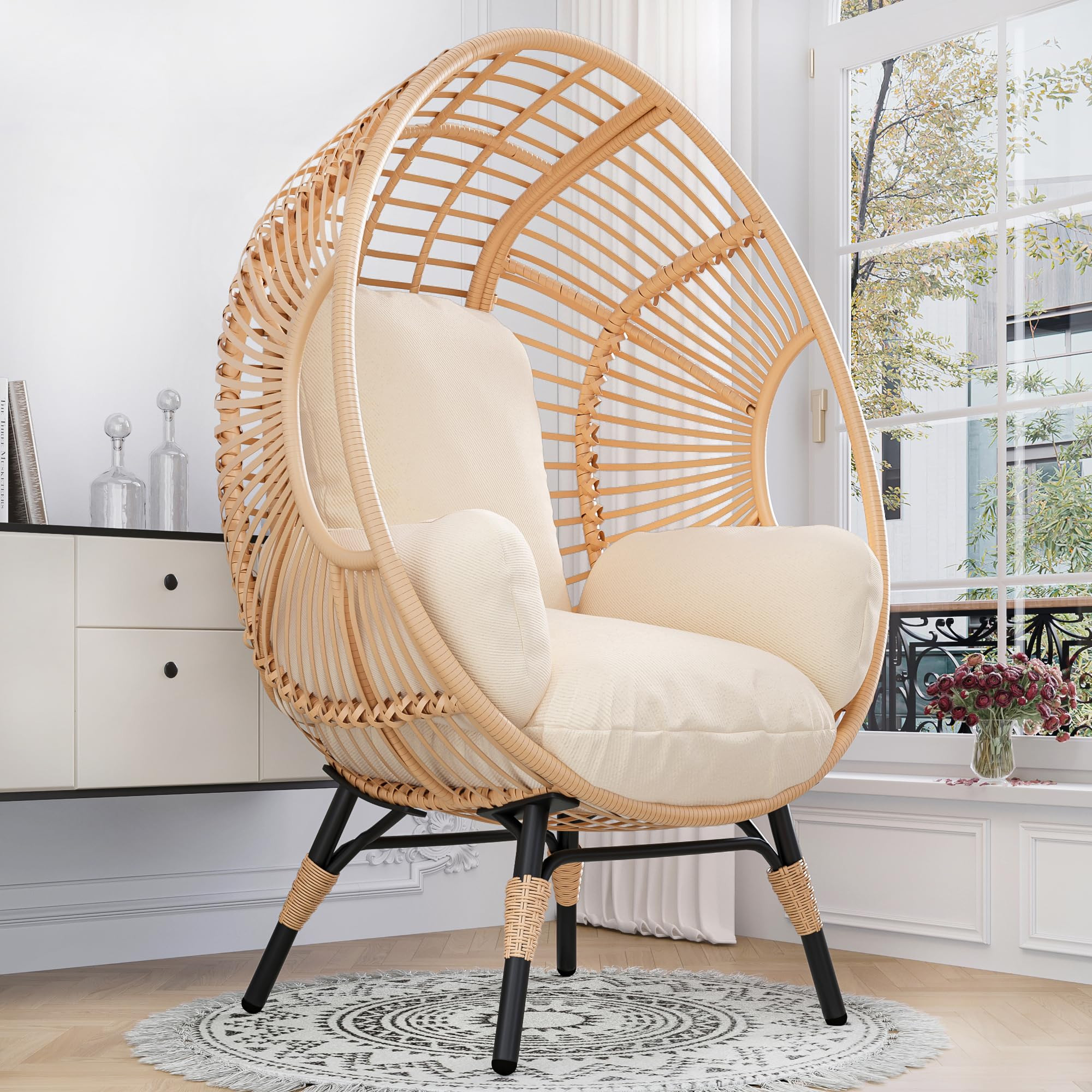Oversized Wicker Egg-Chair Outdoor Indoor Rattan Patio Egg Lounge Chairs with Cushion 500lbs Capa... | Amazon (US)