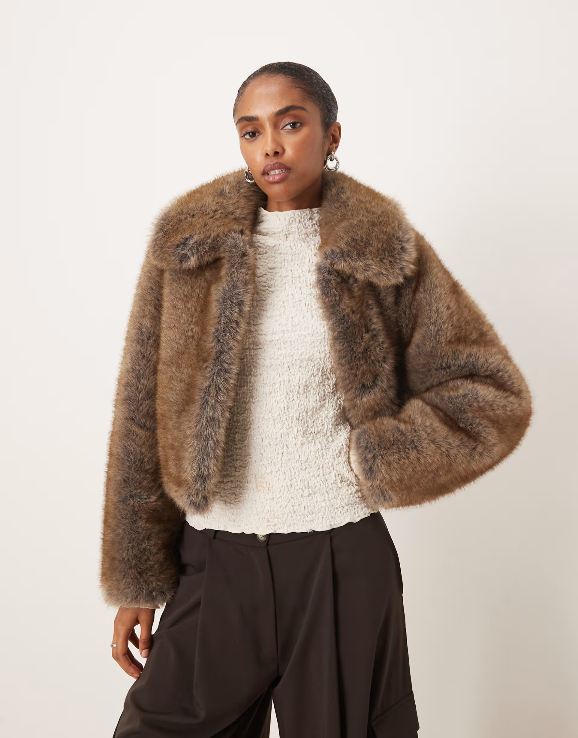 Mango faux fur cropped jacket with collar detail in brown | ASOS (Global)