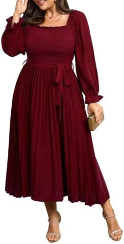 Women's Plus Size Dress Long Sleeve Smocked Square Neck Ruffle Pleated Flowy Wedding Guest Maxi F... | Amazon (US)