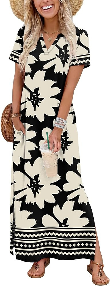 OFEEFAN Summer Dresses for Women 2026 Maxi Dress Short Sleeve Sundresses with Pockets Beach Vacat... | Amazon (US)