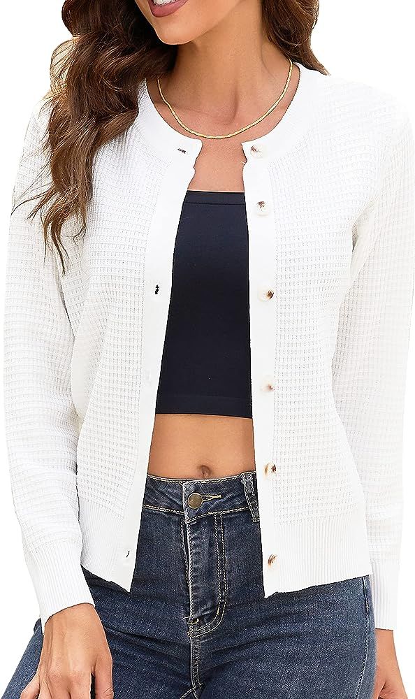 Women's Crew Neck Button Down Long Sleeve Solid Knit Classic Cardigan Sweater | Amazon (US)
