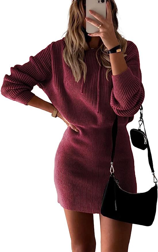 PRETTYGARDEN Women's Rib Knit Pullover Sweater Casual Long Sleeve Hooded Mini Bodycon Dress with ... | Amazon (US)